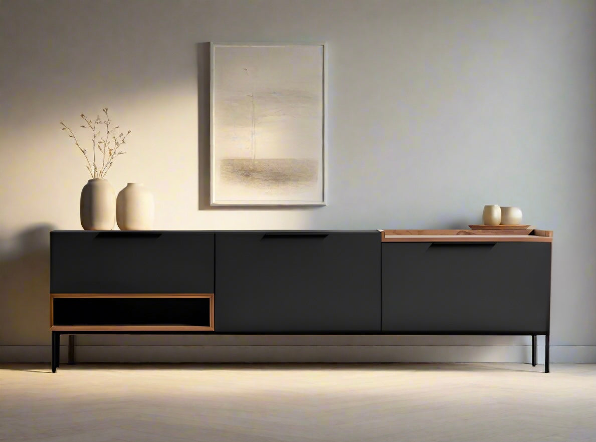 Modern Minimalist TV Cabinet with Storage - Sleek Media Console in Neutral Finish and Wooden Accents