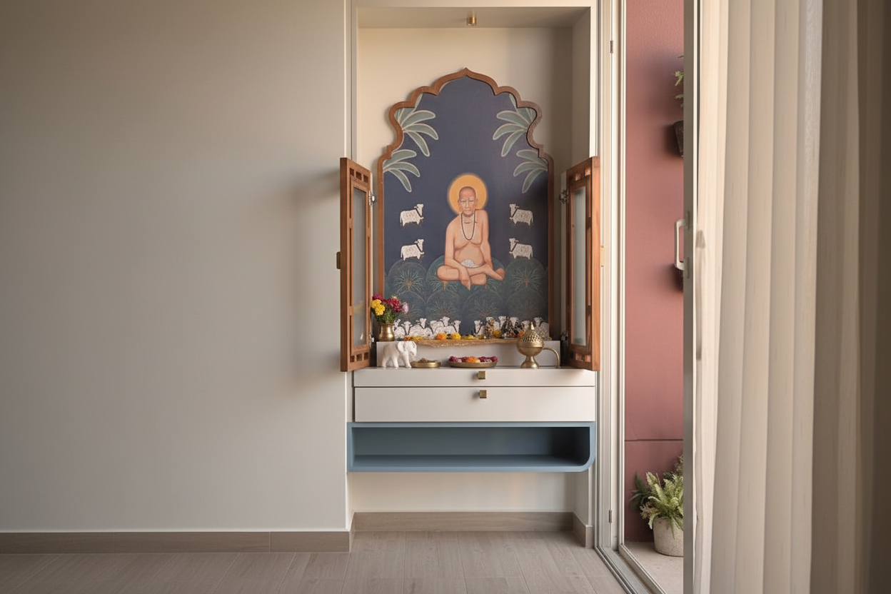 Modern Wall Mounted Wooden Pooja Mandir with Jaali Doors | Home Temple Design