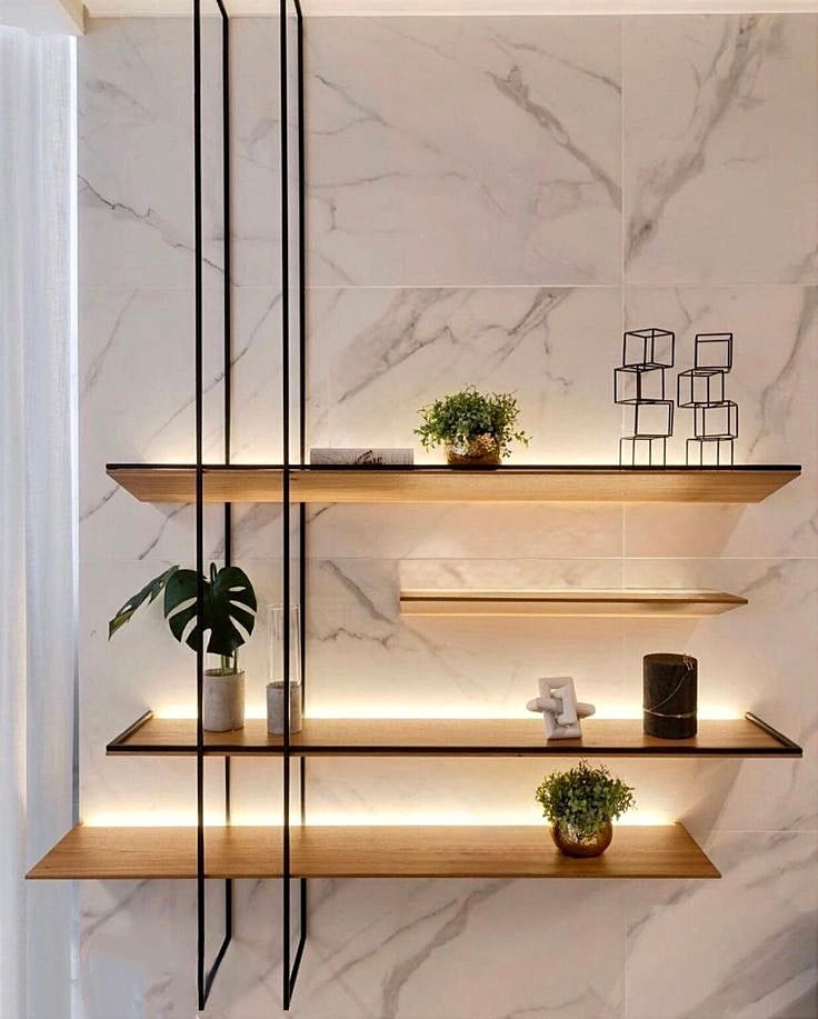 LED Illuminated Metal & Teakwood Veneer Wall Mount Shelf/Shelves