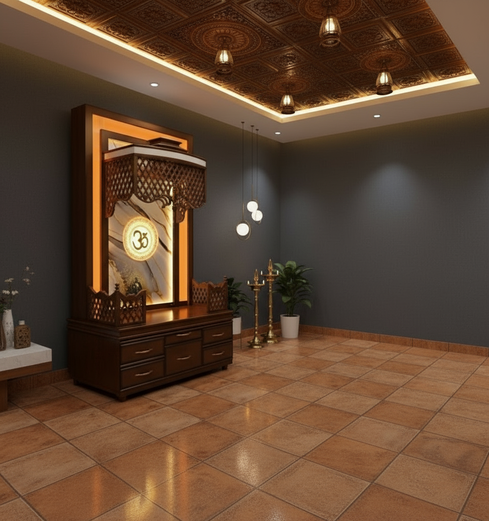 Modern wooden pooja mandir design combining traditional craftsmanship and contemporary lighting