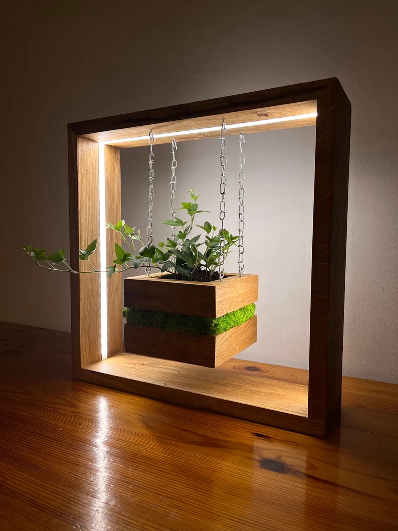 Modern Wooden Hanging Planter with LED Frame – Indoor Decorative Plant Holder for Home & Office
