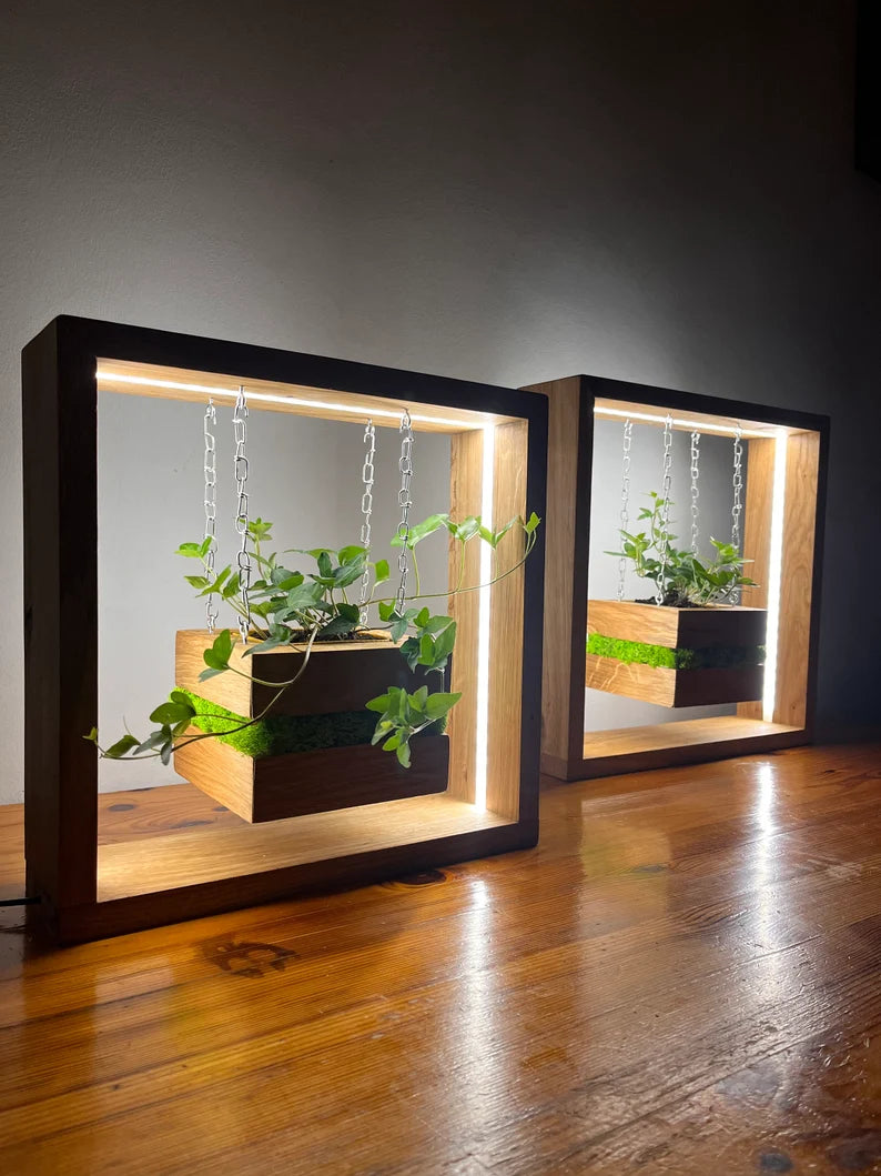 Modern wooden hanging planter with LED-lit frame and suspended plant box, ideal for indoor home or office decor
