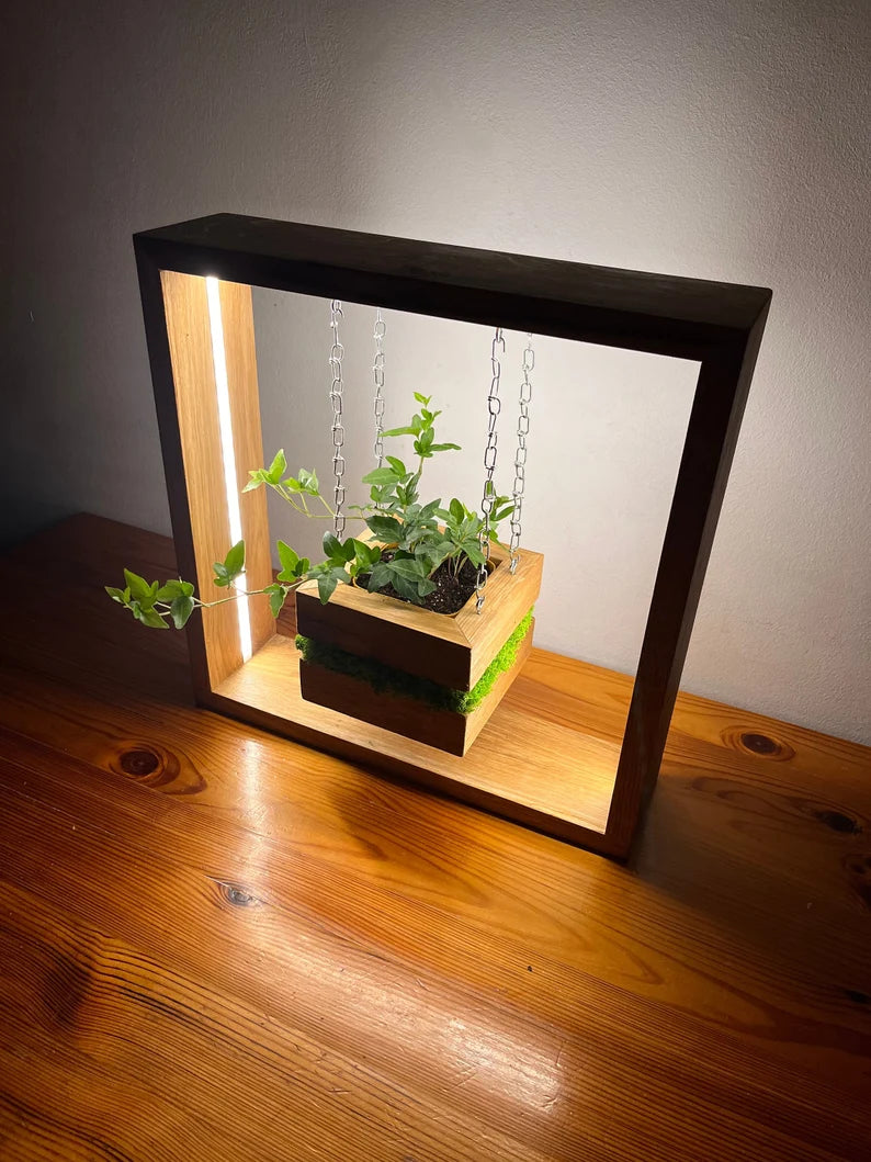 Modern Wooden Hanging Planter with LED Frame – Indoor Decorative Plant Holder for Home & Office