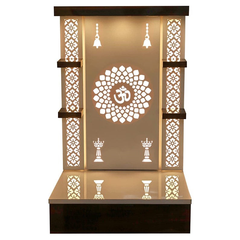Designer home temple setup with symmetrical lighting and traditional elements