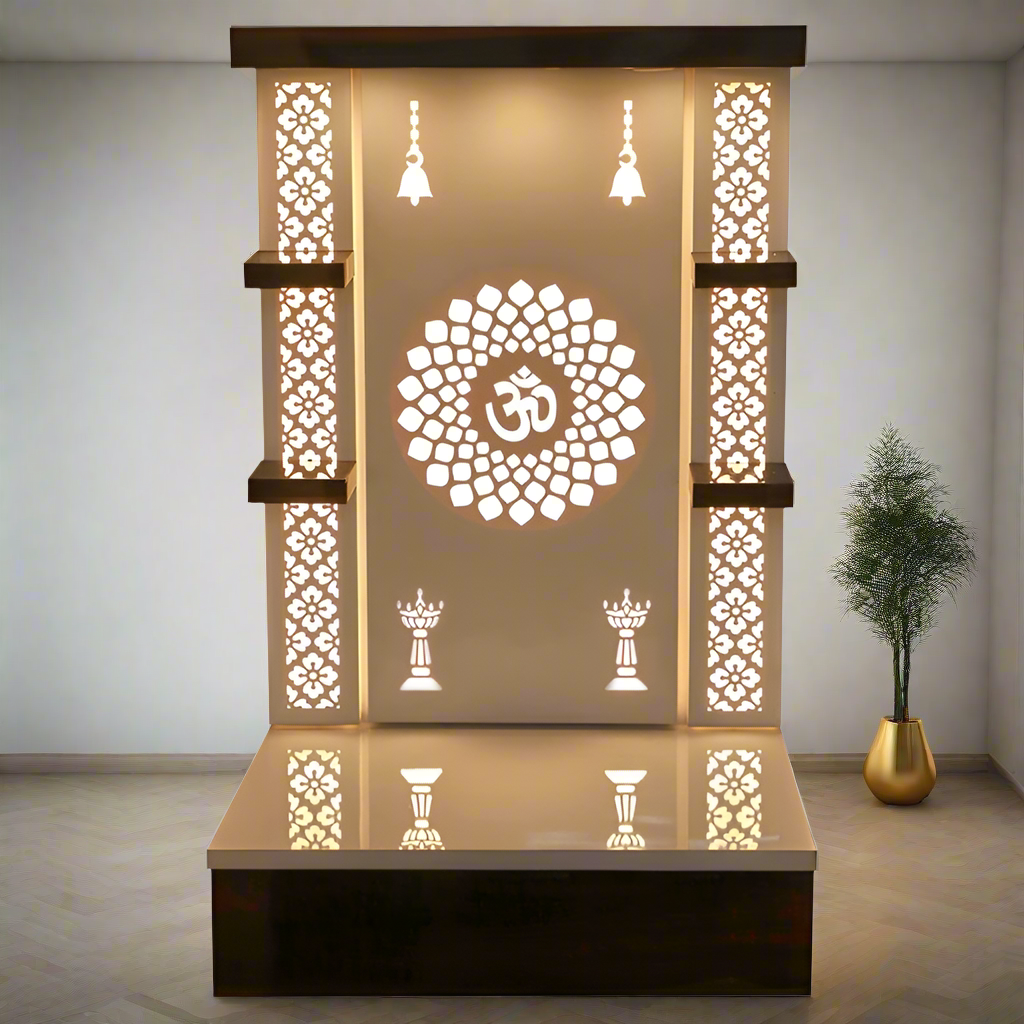 Backlit Hindu mandir with artistic Om and diya cutouts, ideal for home worship