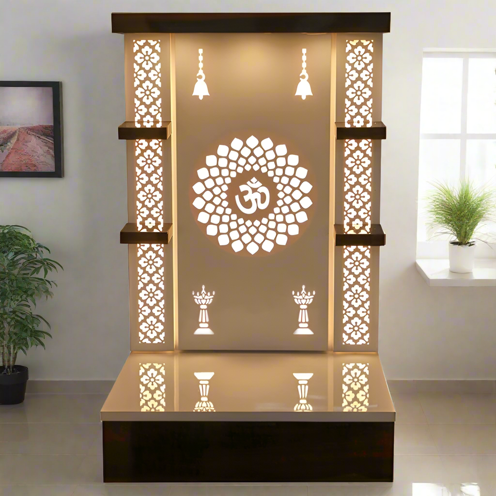 Home temple unit with traditional laser-cut floral patterns and warm light accents