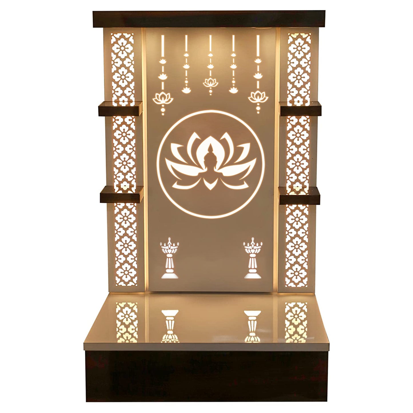 Elegant wooden pooja mandir with glowing lotus symbol and shelf space for idols