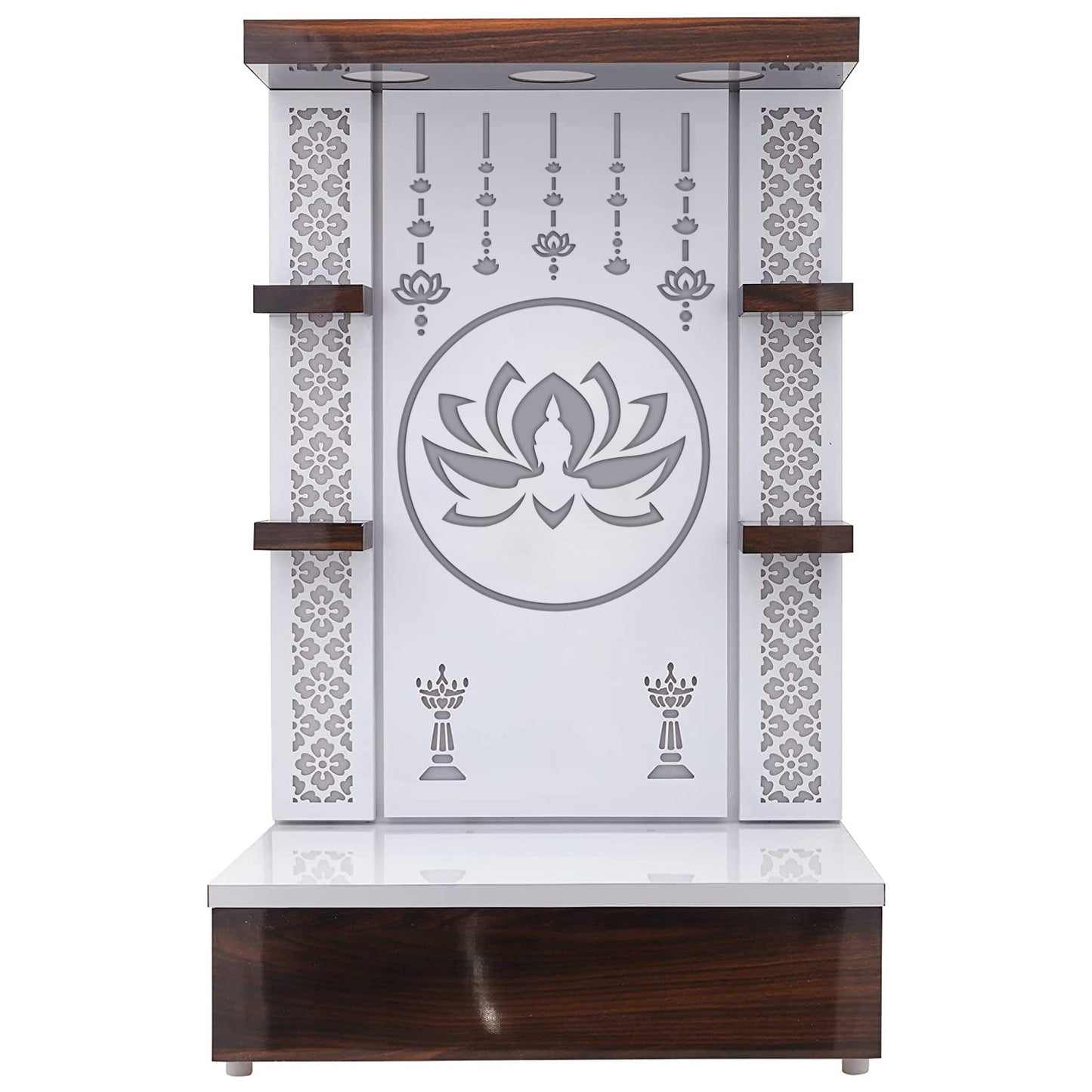 Decorative spiritual mandap with lighted lotus motif and storage drawer