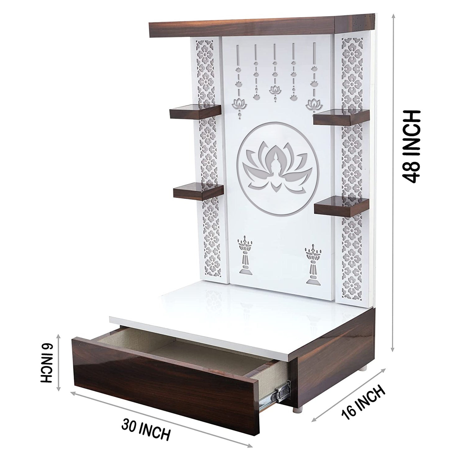 Compact LED-lit wooden temple for home with drawer and spiritual symbols