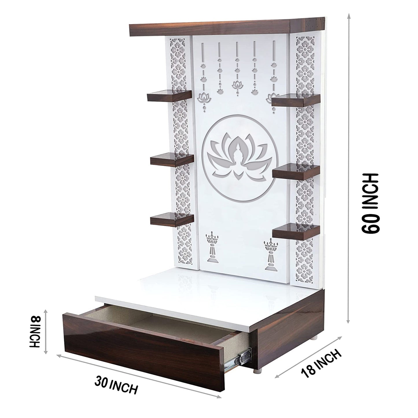 Contemporary mandir design with Buddha in lotus cut-out and floral sides