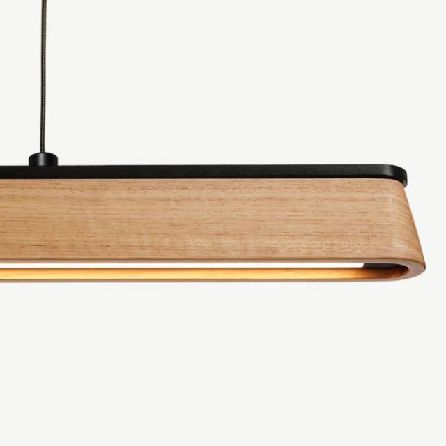 Sleek wooden LED bar light suspended from ceiling for dining or office use