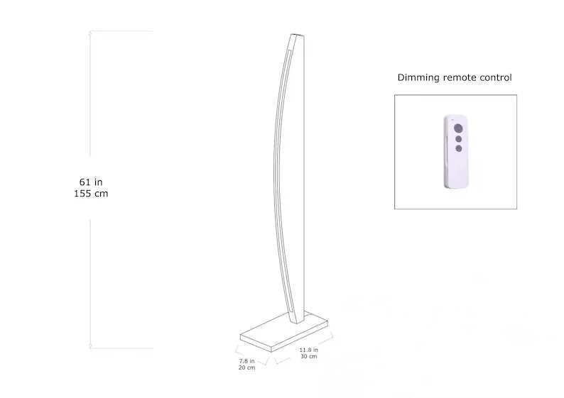 Technical drawing of a modern wooden LED floor lamp with dimensions – 61 inches tall, 11.8 inches wide, featuring a dimmable remote control.