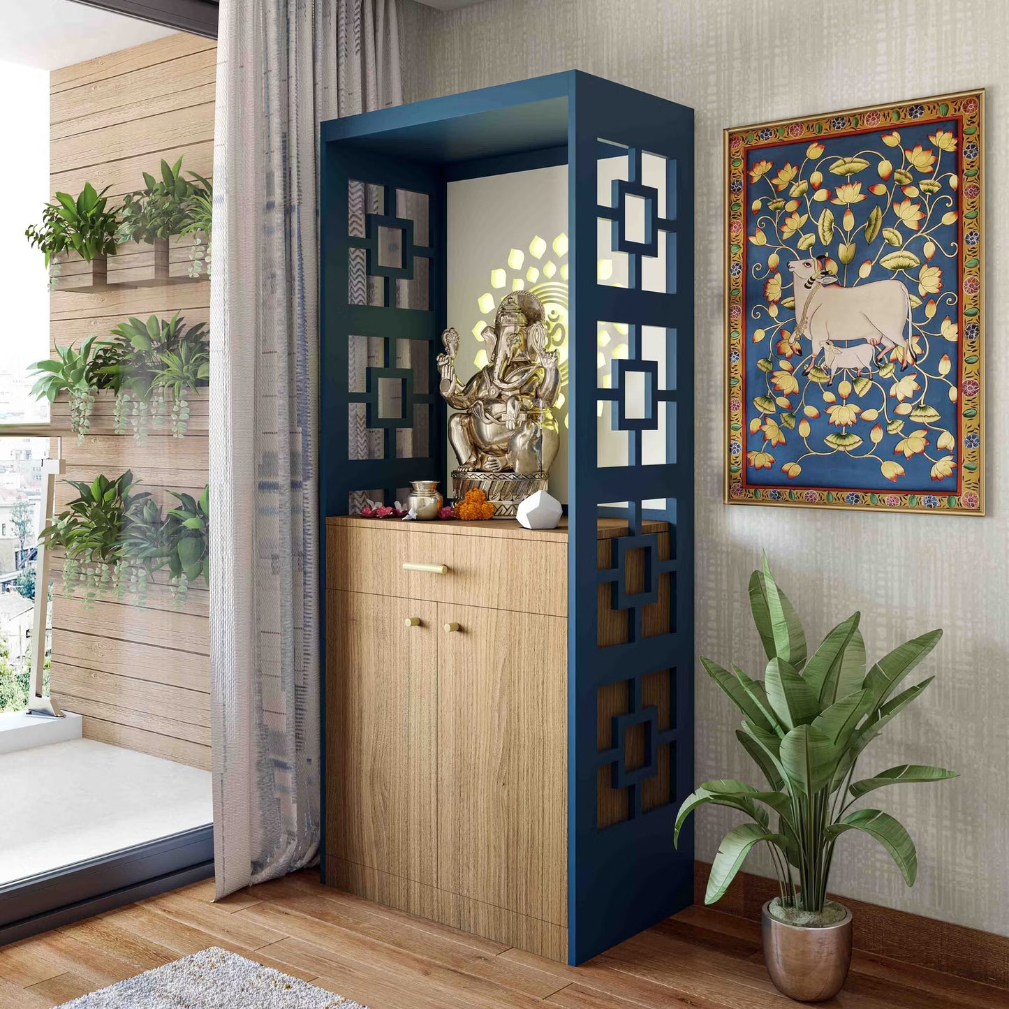 Modern premium modular wooden Pooja Mandir with Ganesh idol, LED-lit Om panel, decorative side partitions, and storage cabinet – ideal for home interiors