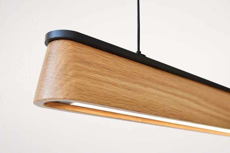 Minimalist hanging LED ceiling light bar made of natural teak wood