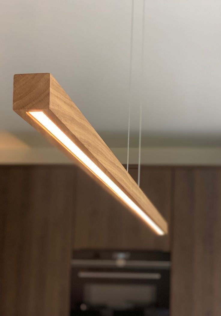 Modern Wooden LED Pendant Light – Minimalist Ceiling Lighting for Home & Office | Straight Bar LED Hanging Liner Teak Wood Bar Lights