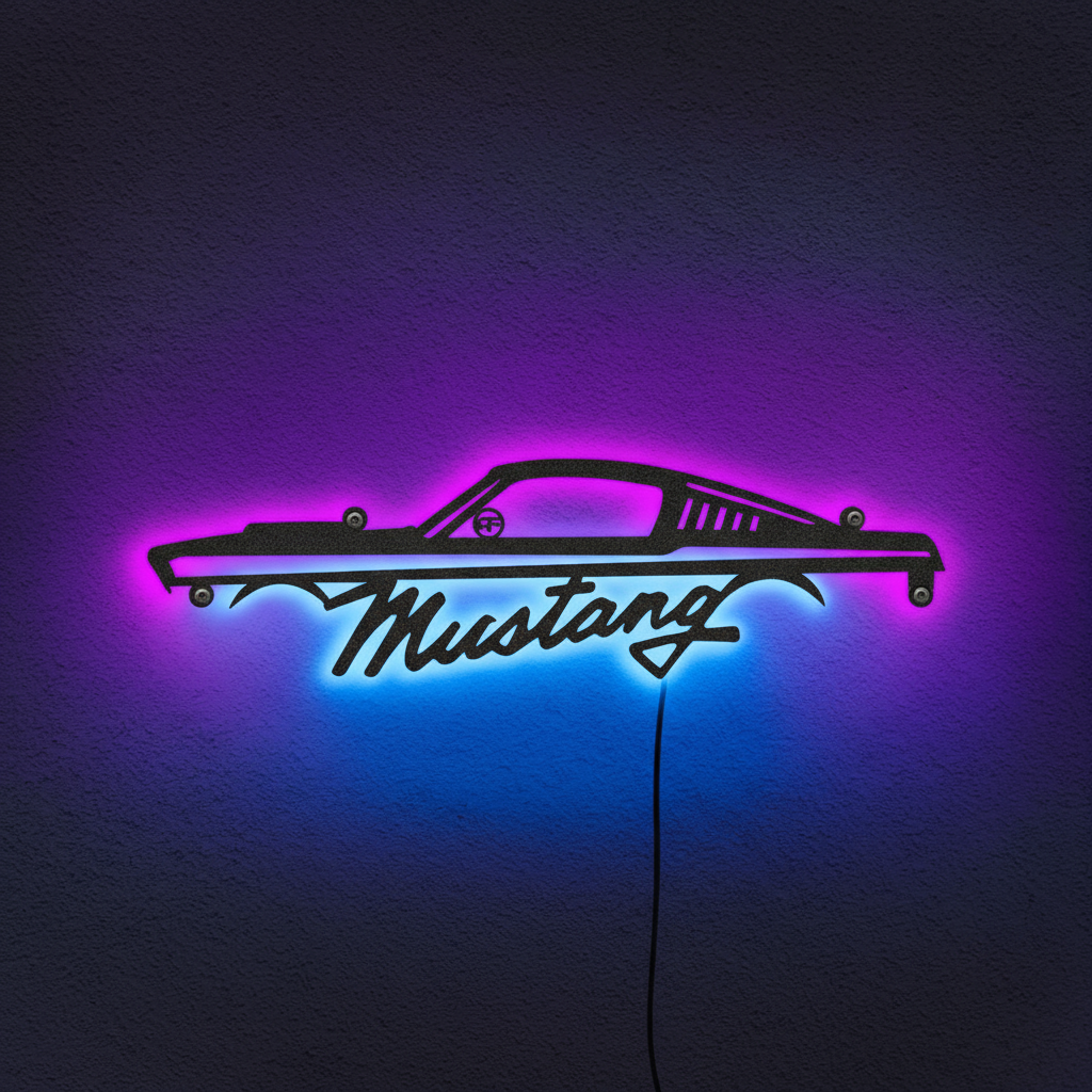 Illuminated Mustang metal wall sign with blue and purple LED glow, vintage car silhouette home and garage decoration.