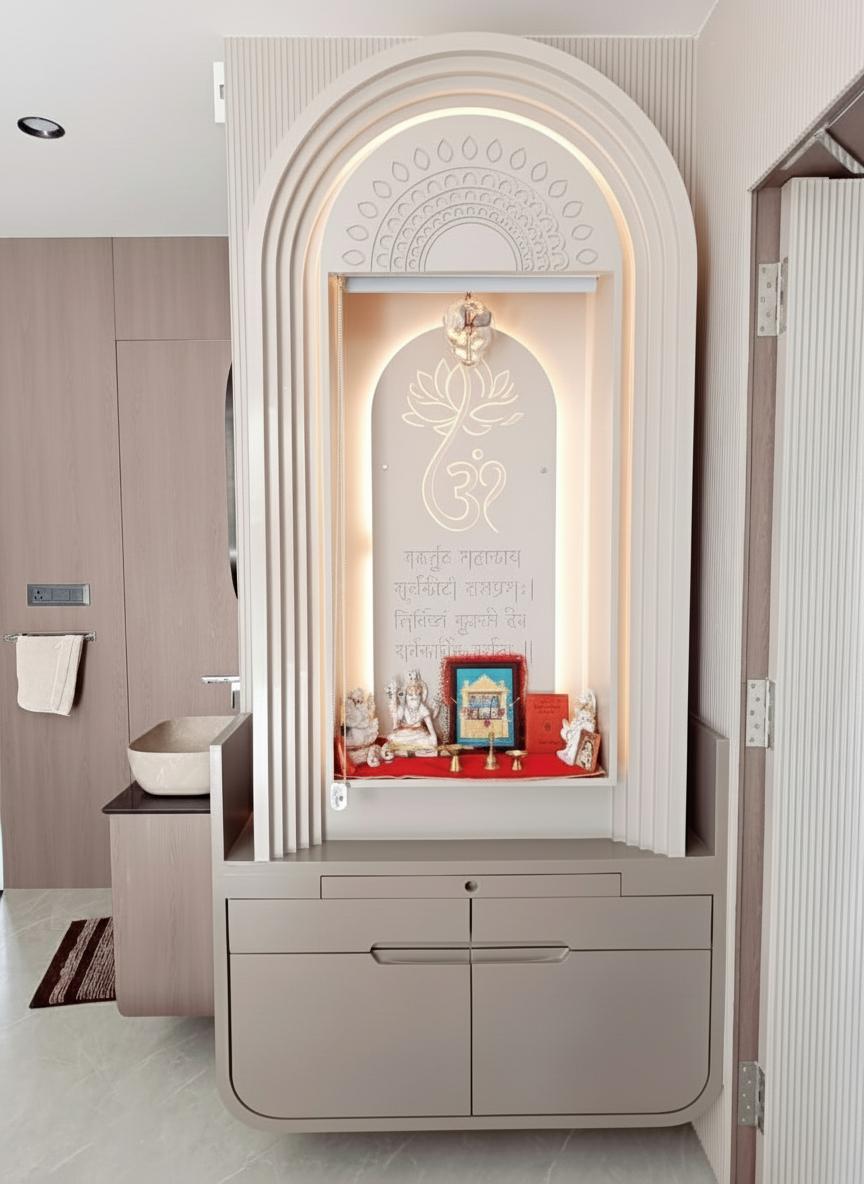 Modern Design Pooja mandir with Corian LED Backlit Panel and Design