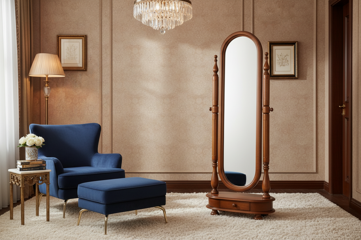 Traditional wooden floor mirror full size dressing mirror with storage