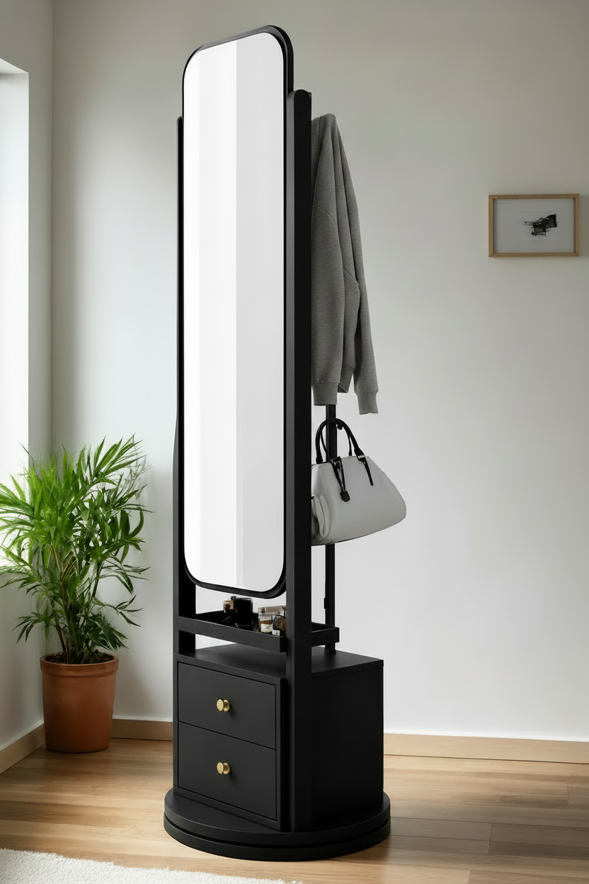 A tall black freestanding coat rack with an integrated full-length mirror and two drawers at the base, shown in a bright room with a plant, wood floor, and a gray coat and handbag hanging from the rack.