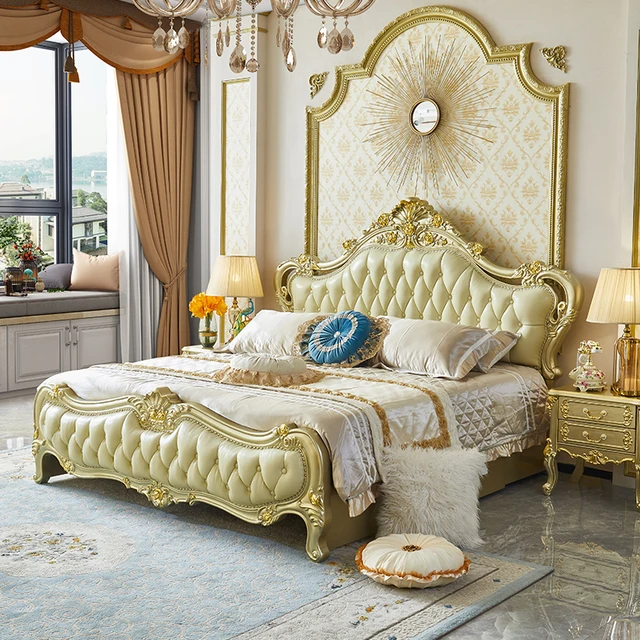 This Royal light Greenish Gold Finish luxury carved wooden bed makes your bedroom luxurious - Elegant Gold-Tufted Double Bed with Luxurious Upholstery and Classic Design