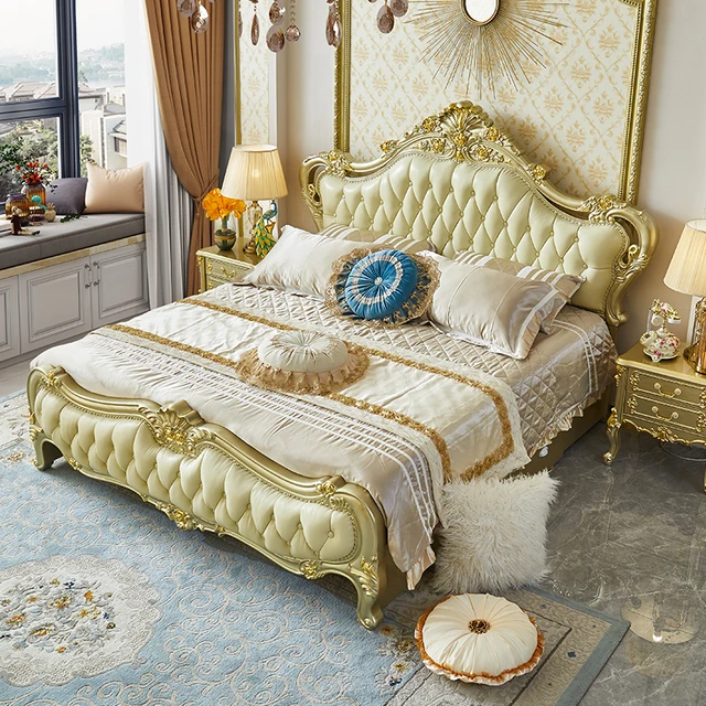This Royal light Greenish Gold Finish luxury carved wooden bed makes your bedroom luxurious - Elegant Gold-Tufted Double Bed with Luxurious Upholstery and Classic Design