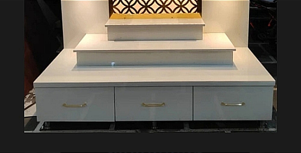 White & Golden Desinger Pooja Mandir - Modern Pooja Mandir with Backlit Om Design, Storage Drawers, and Golden Header