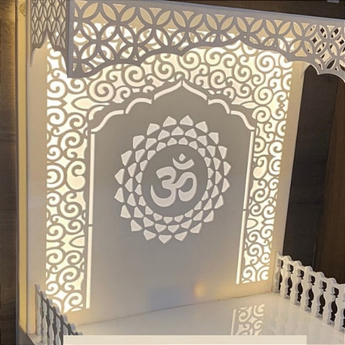 Premium handcrafted Corian wooden temple featuring an illuminated Om motif, elegant railing, and a drawer for easy storage—perfect for a peaceful prayer space.