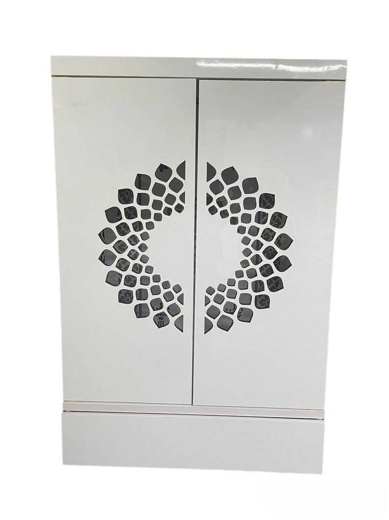 A beautifully crafted white pooja unit with intricate laser-cut detailing, built-in LED lighting, and sacred symbols, offering a peaceful and elegant space for worship.