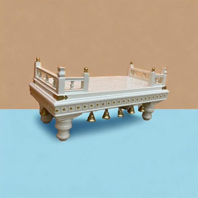 Ornate wooden temple platform with exquisite craftsmanship, gold highlights, and a sturdy structure – a divine addition to any pooja room or altar.