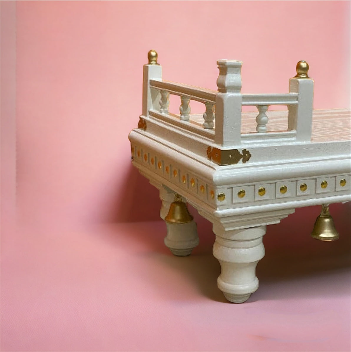 Premium-quality wooden pooja pedestal in white with gold accents, crafted with fine details and a durable structure – perfect for spiritual spaces.