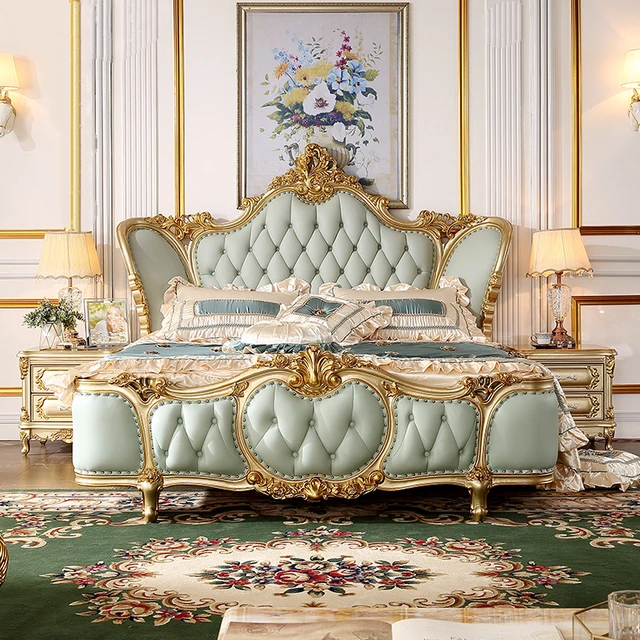 Royal luxury Italian Carved Wooden King Size Bed - Elegant French-Style Upholstered Double Bed with Tufted Headboard and Gold Detailing