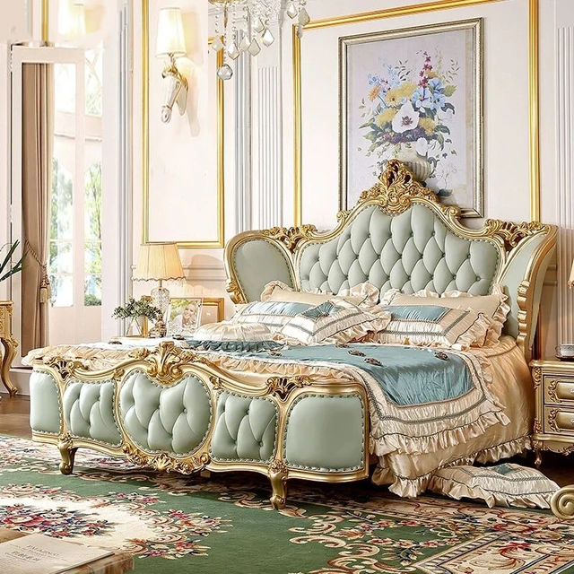 Royal luxury Italian Carved Wooden King Size Bed - Elegant French-Style Upholstered Double Bed with Tufted Headboard and Gold Detailing