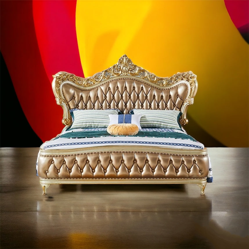 Royal luxury Italian Carved Wooden King Size Bed - Luxury Gold Upholstered Double Bed with Ornate Headboard and Elegant Design