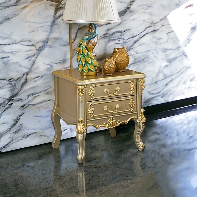 This Royal light blueish finish luxury carved wooden bed makes your bedroom luxurious - Luxurious Vintage-Style Double Bed with Elegant Tufted Headboard and Ornate Gold Detailing