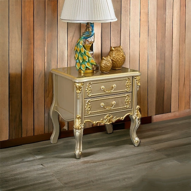 This Royal light Greenish Gold Finish luxury carved wooden bed makes your bedroom luxurious - Elegant Gold-Tufted Double Bed with Luxurious Upholstery and Classic Design