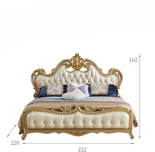 This Royal Cream finish luxury carved wooden bed makes your bedroom luxurious - Royal Designer Double Bed with Luxurious Upholstery and Ornate Gold Detailing