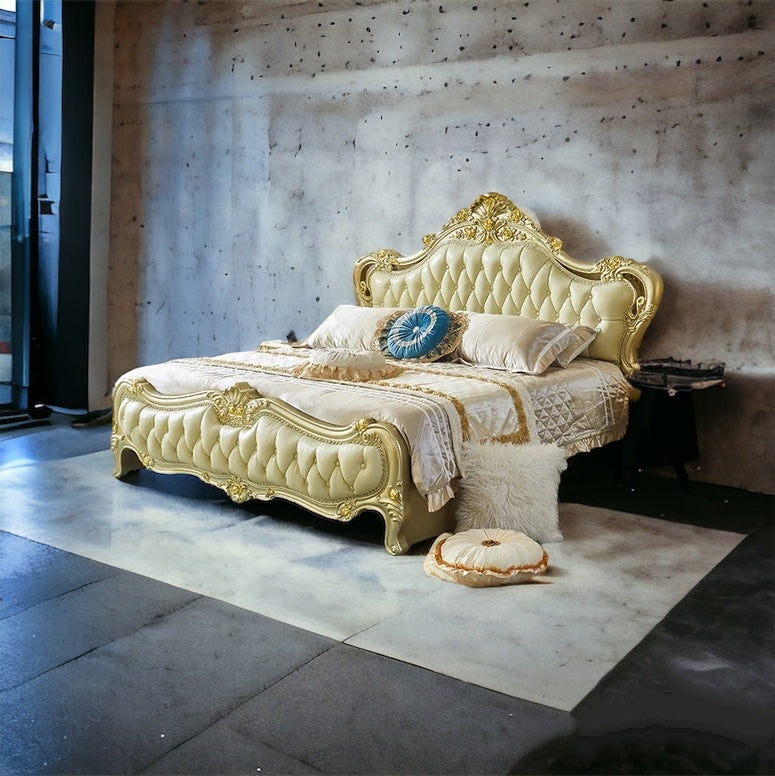 This Royal light Greenish Gold Finish luxury carved wooden bed makes your bedroom luxurious - Elegant Gold-Tufted Double Bed with Luxurious Upholstery and Classic Design