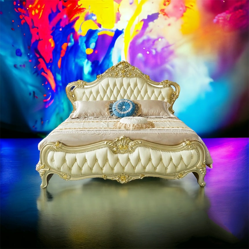 This Royal light Greenish Gold Finish luxury carved wooden bed makes your bedroom luxurious - Elegant Gold-Tufted Double Bed with Luxurious Upholstery and Classic Design