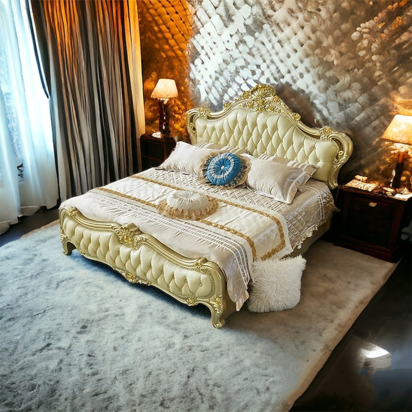 This Royal light Greenish Gold Finish luxury carved wooden bed makes your bedroom luxurious - Elegant Gold-Tufted Double Bed with Luxurious Upholstery and Classic Design