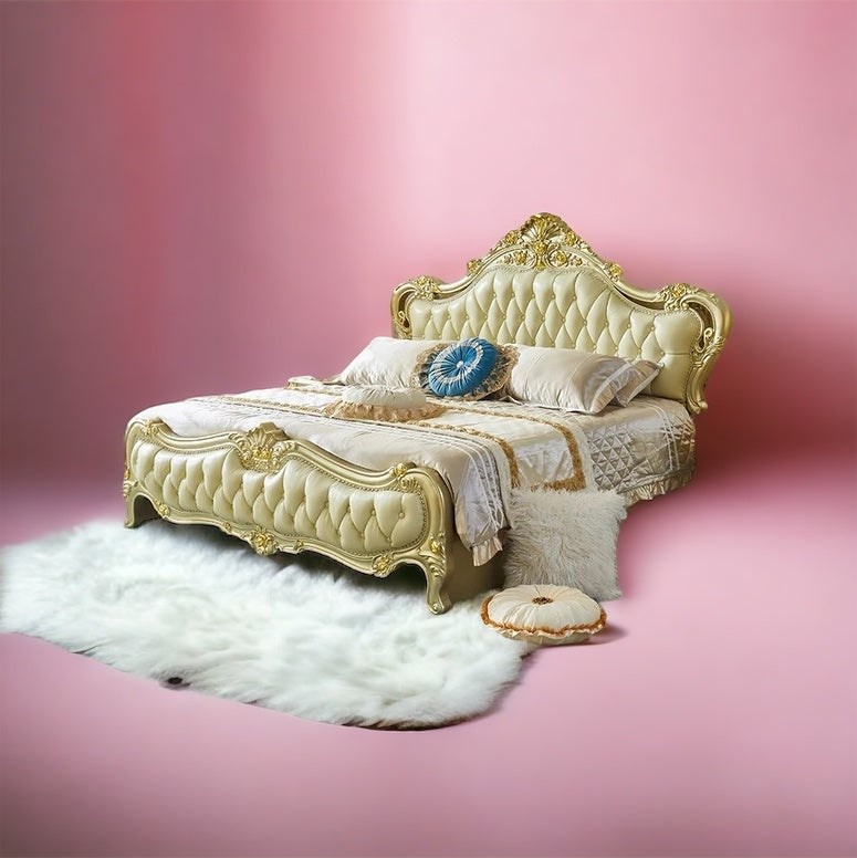 This Royal light Greenish Gold Finish luxury carved wooden bed makes your bedroom luxurious - Elegant Gold-Tufted Double Bed with Luxurious Upholstery and Classic Design