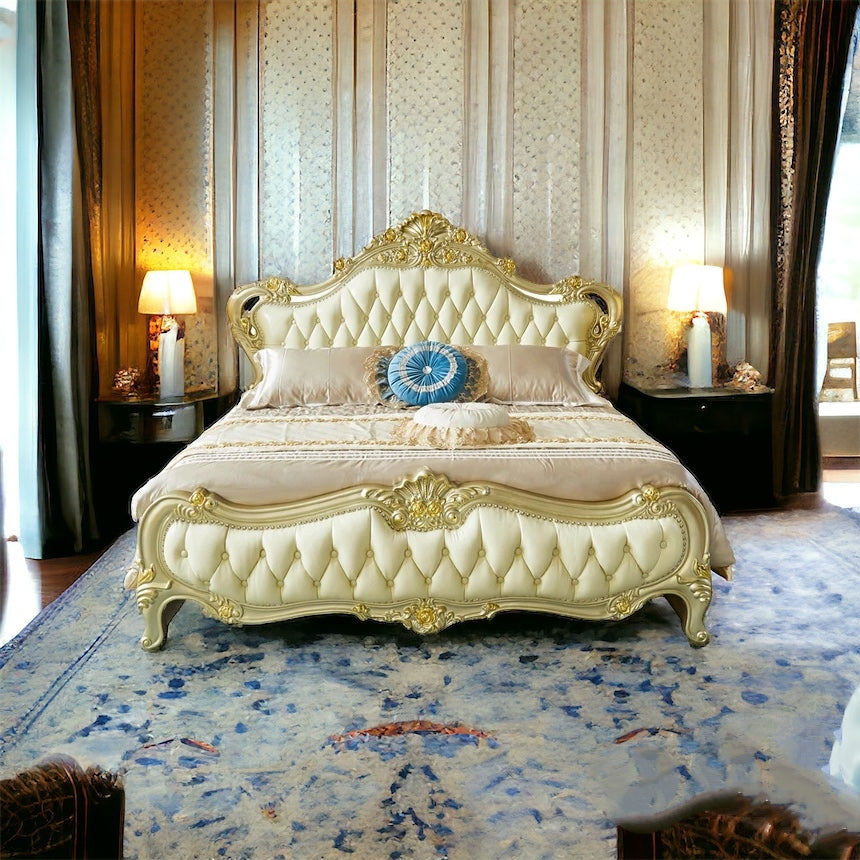 This Royal light Greenish Gold Finish luxury carved wooden bed makes your bedroom luxurious - Elegant Gold-Tufted Double Bed with Luxurious Upholstery and Classic Design