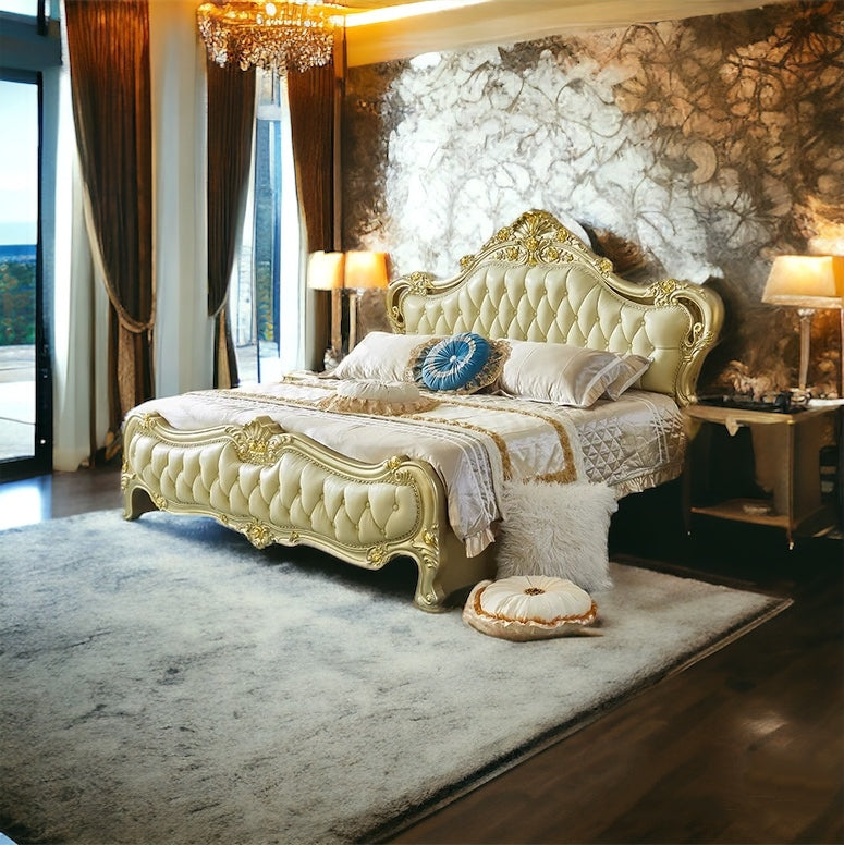 This Royal light Greenish Gold Finish luxury carved wooden bed makes your bedroom luxurious - Elegant Gold-Tufted Double Bed with Luxurious Upholstery and Classic Design