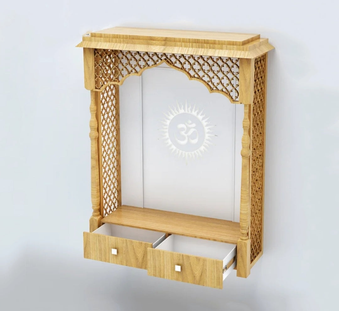 Premium light brown wooden pooja temple with intricate lattice sides, illuminated Om symbol, and two spacious drawers – ideal for home mandir setup.