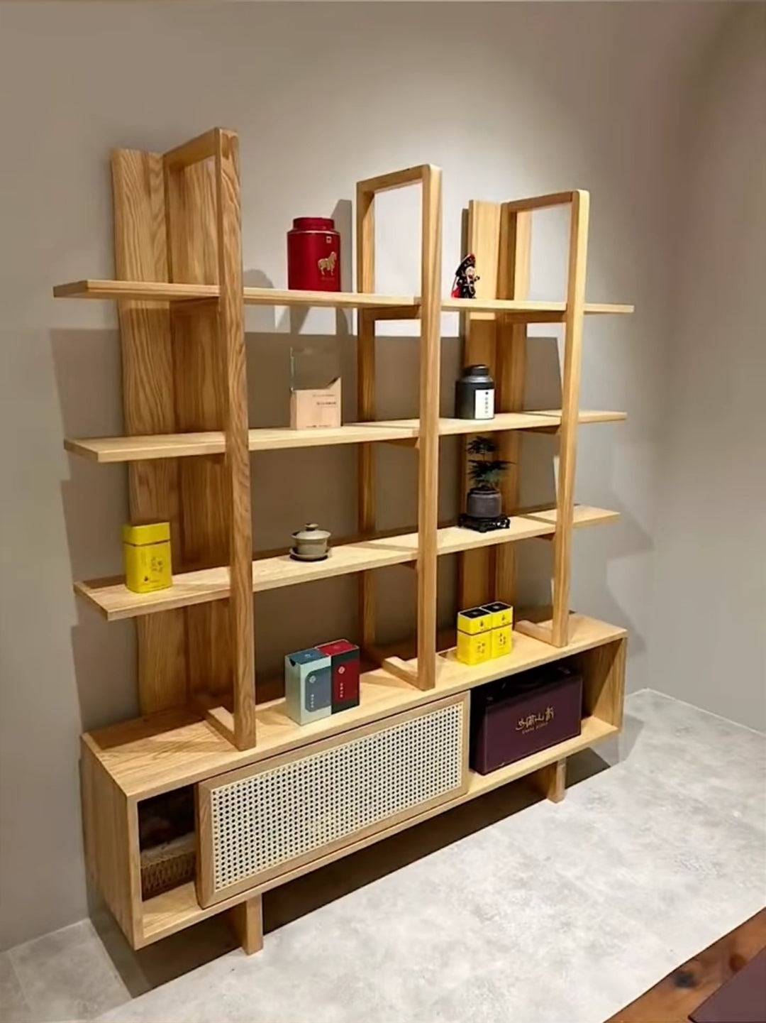 Modern Design Pinewood Wall Shelf with Cane Shutter – Stylish & Functional Storage Solution