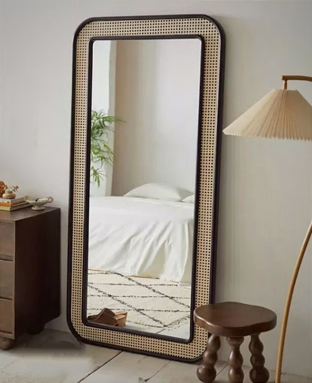 Sunburst Rectangular Teakwood Rattan Wall Mirror | Bohemian Accent Décor