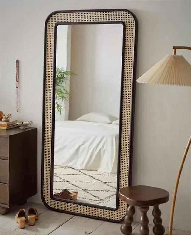 Sunburst Rectangular Teakwood Rattan Wall Mirror | Bohemian Accent Décor