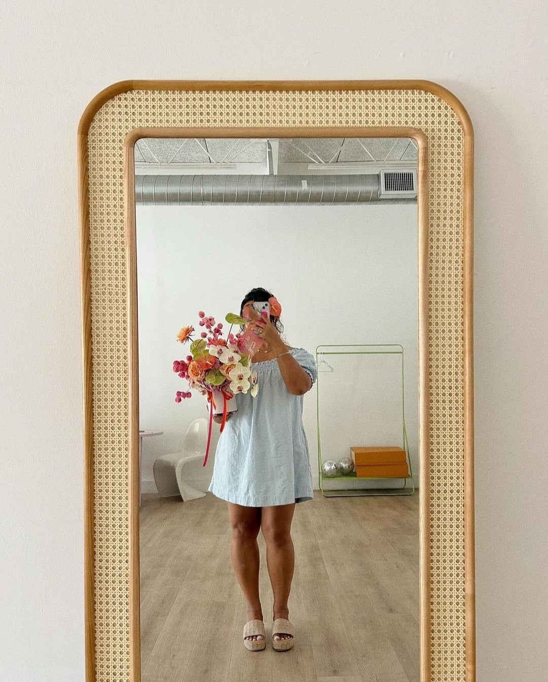 Rectangular Rattan Cane Floor Mirror | Boho-Chic Natural Decor