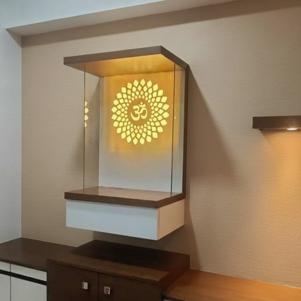 Pooja Mandir Wooden Temple White & Brown for Home and Office - Modern Wall-Mounted Pooja Mandir with LED-Lit Om Design for Contemporary Homes