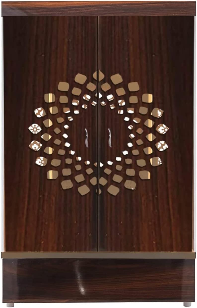 Elegant wooden temple with laser-cut decorative patterns and gold accents, featuring dual doors for privacy and devotion.