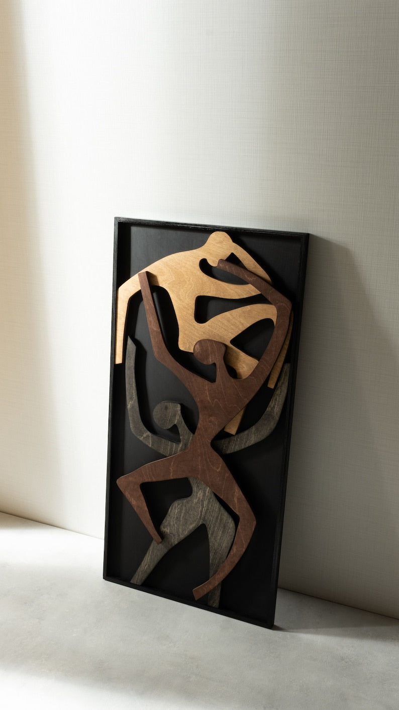 Humans Sculpture Vertical Wall Art Wooden Wall Decor | Abstract Wooden Wall Art with Dynamic Human Figures - Modern 3D Sculpture for Home Decor